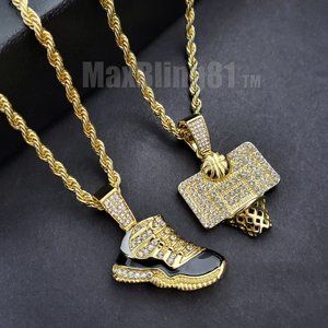 Hip Hop Cubic Zirconia BASKETBALL SHOE & RIM Pendant & 4mm 24" Chain Necklace